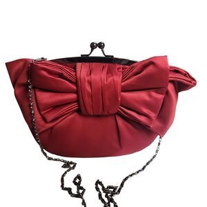 Elegant Red Clutch with Pleated Satin and Silver Chain
